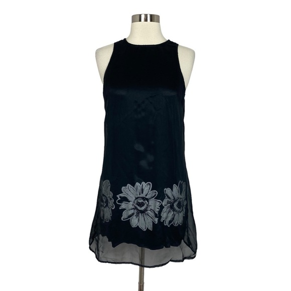 Vintage 90s City Triangle Black Mini Dress With Sunflower - Picture 1 of 7